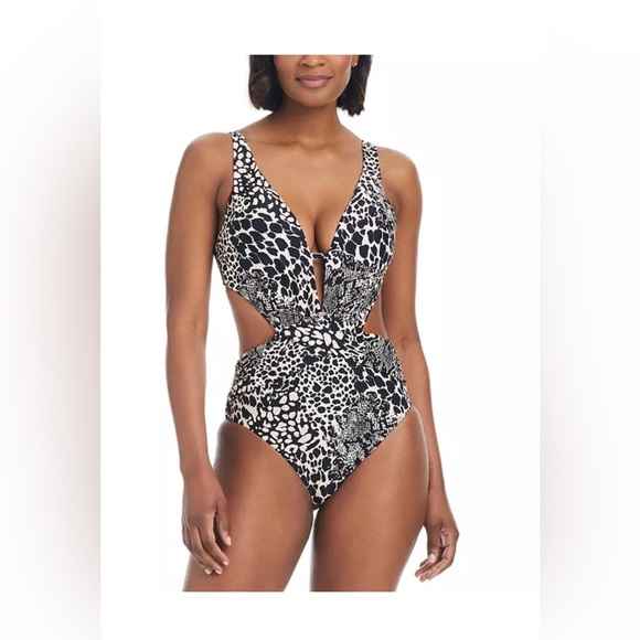 NWT Bar III Women's Printed Plunge-Neck Cut-Out Monokini Large - Picture 1 of 2